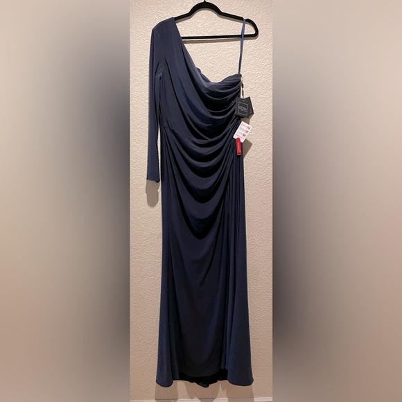 NWT Mac Duggal Stretch Jersey One Sleeve Gathered Waist Gown Dress Navy Size 10 - Picture 7 of 12